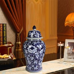 Floral Design Ginger Jar with Lid; Blue and White