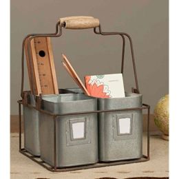 Galvanized Metal Four Tin Storage Organizer with Movable Wooden Handle; Gray