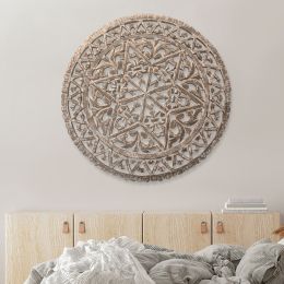 30 Inch Round Wooden Carved Wall Art with Intricate Cutouts; Distressed White