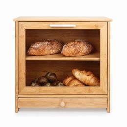 Extra Large Bread Box;  Bamboo Bread Box for Kitchen Counter;  Removable 2 Tiers;  Clear Front Window and Tool Drawer;  Large Capacity Bread Holder.