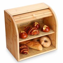 2-Tier Bamboo Bread Box for Kitchen Food Storage;  Large Bread Storage Box with Roll Top Lid and Cutting Board (Assemble Your Own)