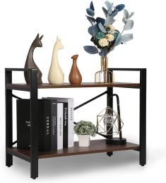 2 Tier Frame Bookshelf, Small 2 Shelf Wood and Metal Bookcase,Rustic Brown