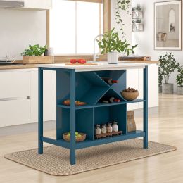 Farmhouse Wood Stationary Counter Height Kitchen Island Dining Table with Shelves and Wine Rack for Small Places,Blue Frame+White Top