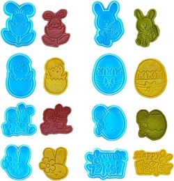 8PCS 3D Cookie Cutter Plastic Non-Stick Bunny Egg Cookie Stamp Party