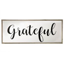 39 Inch Rectangular Wall Art Plaque; Grateful Writing; Wood Frame; White; Brown; DunaWest