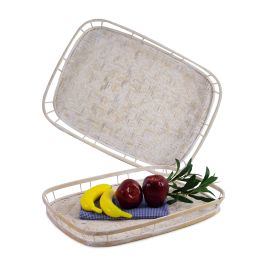 L19.3'' x W13.8" Rectangular White Bamboo Wicker Serving Trays with Handles Set 2