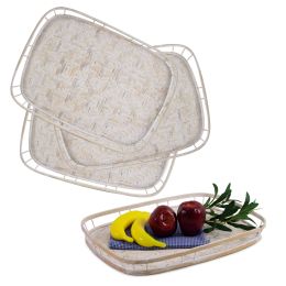 L16.9'' x W11.4" Rectangular White Bamboo Wicker Serving Trays with Handles Set 4