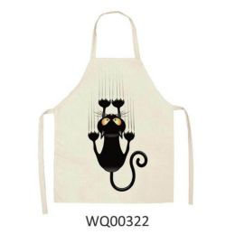 1pcs Kitchen Apron Cute Cat Printed Sleeveless Cotton Linen Aprons For Men Women Home Cleaning Tools (Color: WQ00322)