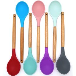 1Pc of Wood Handle Silicone kitchenware Health Kitchenware and kitchen Accessories (size: 1Pc Spoon(Random Color))