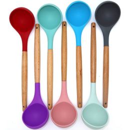 1Pc of Wood Handle Silicone kitchenware Health Kitchenware and kitchen Accessories (size: 1Pc Soup spoon(Random Color))