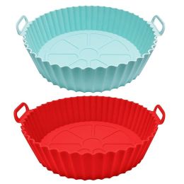 1/2pcs Air Fryer Silicone Pot; Reusable Air Fryer Liners; Silicone Air Fryer Basket; Food Safe Air Fryer Accessories (Color: Dark Red + Light Blue)