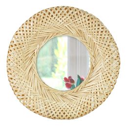 Bamboo Woven Wall Mirror | Natural Bohemian Hanging Glass Decor; Rustic Handwoven Innovative Art Decoration Round Makeup Mirror (Color: Natural)