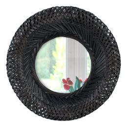 Bamboo Woven Wall Mirror | Natural Bohemian Hanging Glass Decor; Rustic Handwoven Innovative Art Decoration Round Makeup Mirror (Color: Black)